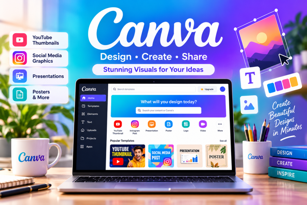 Canva design platform on a laptop showing templates for YouTube thumbnails, social media graphics, and presentations