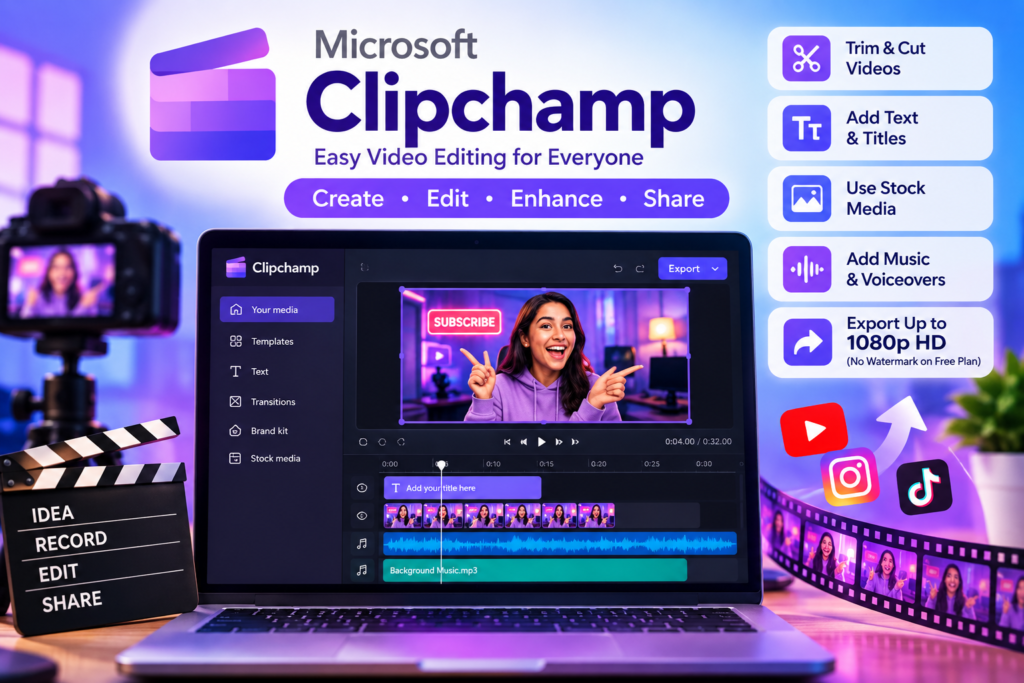 Promotional illustration of a video editor on a laptop with a video timeline and creator tools, representing Microsoft Clipchamp