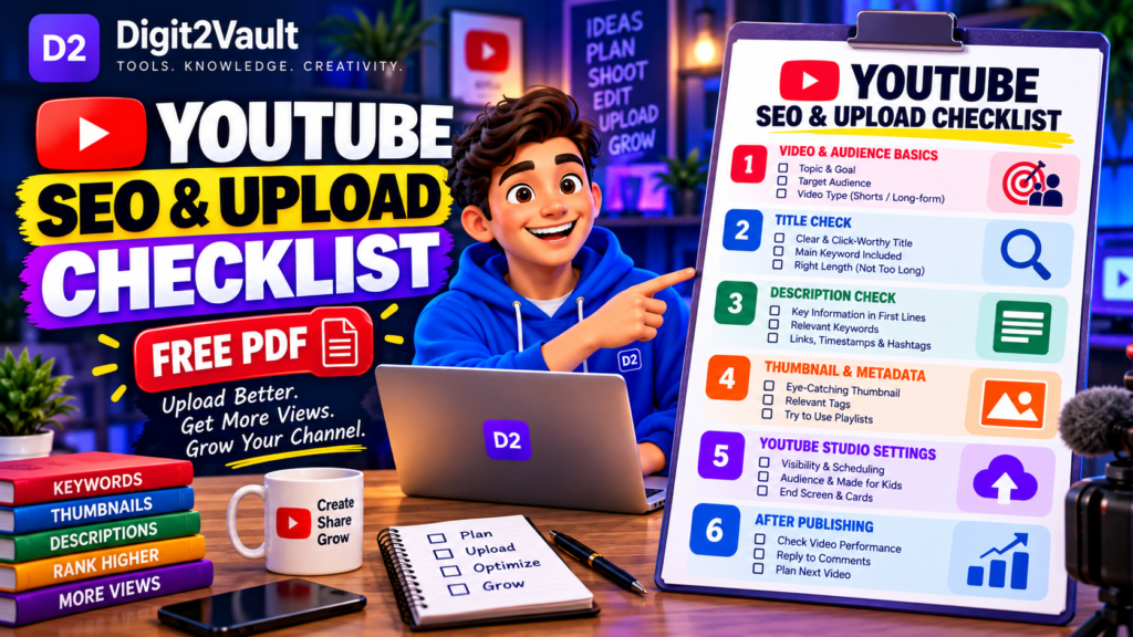 YouTube SEO and Upload Checklist by Digit2Vault